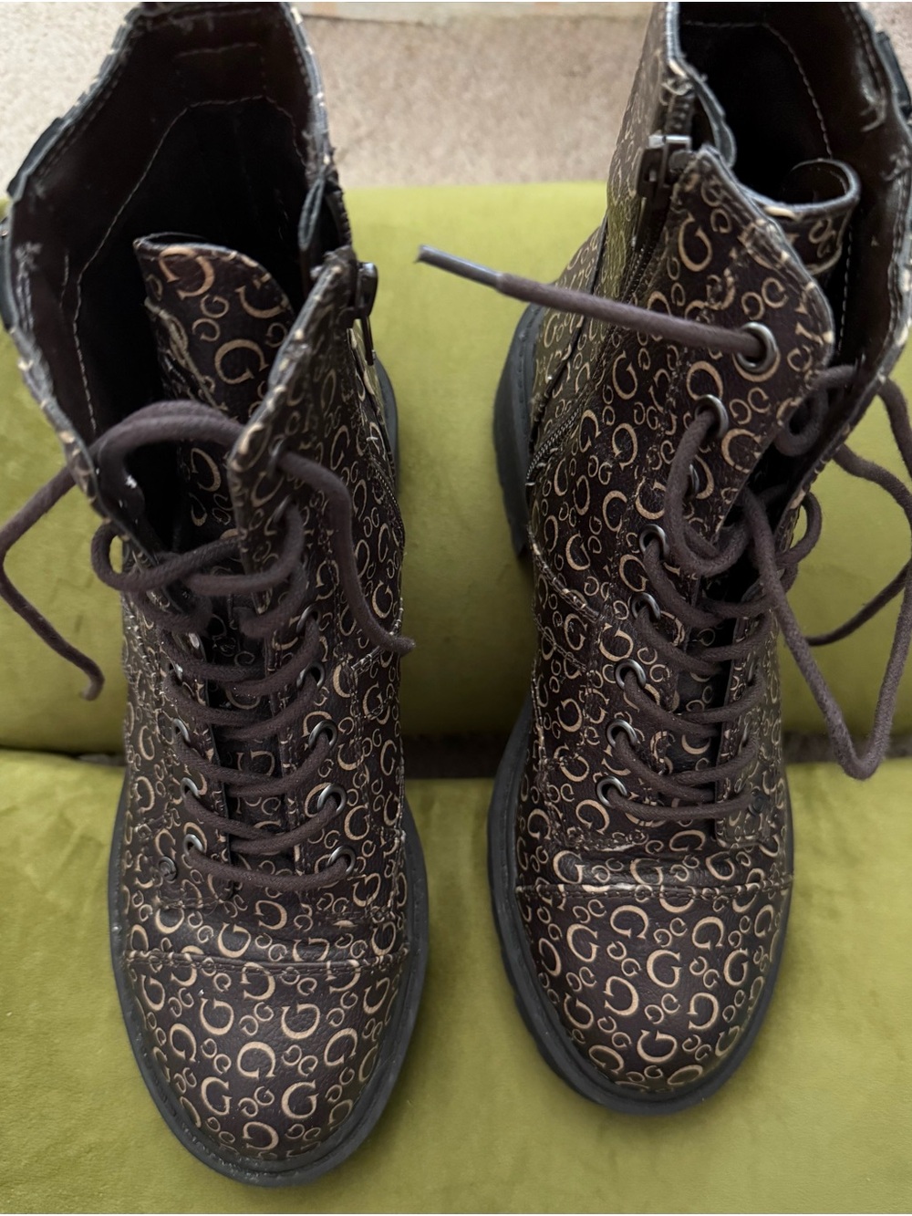 Guess Brown Logo-Print Lace-Up Combat Boots